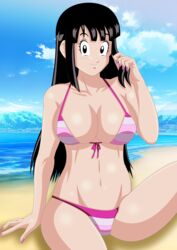 beach bikini breasts chichi dragon_ball dragon_ball_z female orangethunder2 pink_bikini solo striped_bikini