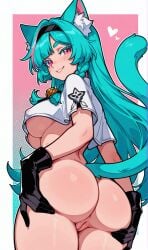 1girls ai_generated animal_ear_fluff animal_ears aqua_eyes aqua_hair ass ass_focus ass_grab barely_clothed black_gloves black_hairband braid capelet cat_ears cat_tail crop_top eye_contact female female_only from_behind from_below gloves grabbing_ass grabbing_own_ass hairband long_hair looking_at_viewer looking_back looking_over_shoulder massive_breasts mint_(neverness_to_everness) mint_hair neverness_to_everness nipple_bulge nipples_visible_through_clothing pussy pussy_peek simple_background single_braid solo spread_ass underboob vagina