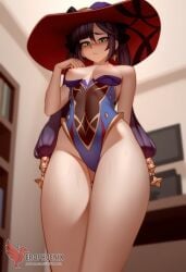 1girls 2d ai_generated ass big_ass breasts erophoenix female female_focus full_body genshin_impact leotard long_hair looking_at_viewer medium_breasts mona_(genshin_impact) nipples patreon_username solo solo_female sweat thick thick_thighs uncensored undressing witch_hat