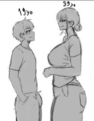 1boy 1girls 2d age_difference batu4141 clothed female greyscale human human_only male mature_female milf monochrome older_female younger_male