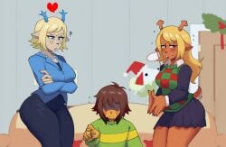 ambiguous_gender anthro antlers black_bottomwear black_clothing black_pants black_skirt blonde_hair blue_antlers blue_clothing blue_jacket blue_nose blue_snout blue_topwear blush bodily_fluids bottomwear brown_hair carol_holiday choice clothing crossed_arms daughter daughter_(lore) decision deer deltarune digital_media_(artwork) female freckled_face gem gesture green_clothing green_shirt green_sweater green_topwear group hair hair_between_eyes hand_gesture hi_res horn human jacket jewelry kris_(deltarune) looking_at_another mammal meme mother mother_(lore) mother_and_child mother_and_child_(lore) mother_and_daughter mother_and_daughter_(lore) nebu27 necklace nervous noelle_holiday pants parent parent_(lore) parent_and_child parent_and_child_(lore) parent_and_daughter parent_and_daughter_(lore) pearl_(gem) pearl_necklace pointing pointing_at_viewer questionable scut_tail short_hair short_tail skirt soul_(deltarune) sweat sweater tail topwear trio twitter_link undertale_(series) vest