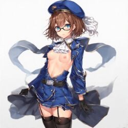 ai_generated ascot beret black_gloves black_thighhighs blue_eyes blue_headwear breasts brown_hair cowboy_shot dated female garter_straps glasses gloves hat kt_(real_kt) long_sleeves looking_at_viewer military military_uniform self_insert self_upload short_hair simple_background small_breasts solo thighhighs tight_skirt uniform white_ascot white_background