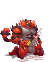 1boy anthro bara big_feet black_fur claws cum cum_on_hands cum_on_legs cum_on_testicles cumshot ejaculation erection feet furry green_eyes grey_fur huge_penis humanoid_penis incineroar kneeling long_penis male male_only masturbation muscular muscular_male nintendo no_nipples nude orgasm paws penis pokémon_(species) pokemon pokemon_sm raymond158 red_fur simple_background solo stripes tail testicles text thick_penis thick_thighs veins veiny_penis video_games watermark wet white_background yellow_sclera