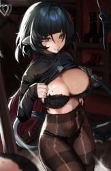 1girls absurdres animal_ears black_hair blunt_bangs bra breasts cleavage female green_eyes highres hirosenpai jane_doe_(zenless_zone_zero) large_breasts long_hair mirror mole mole_on_breast mouse_ears mouse_girl mouse_tail multicolored_hair pantyhose red_hair reflection shiny_skin smile sweater tail turtleneck underwear zenless_zone_zero