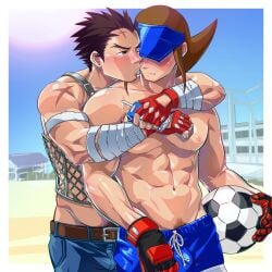 2boys abs armband artisticjinsky bandage bandaged_arm bandaged_hands batsu_ichimonji beefy biceps big_areola blush brown_hair cap capcom carton corset couple covered_eyes denim drink dripping dripping_milk duo embarrassed fingerless_gloves football forked_eyebrows gay gloves hi_res holding_object hugging hugging_from_behind kissing long_hair looking_at_another male male/male male_only mature_male milk morning muscles muscular muscular_arms muscular_male navel one_eye_closed outdoors pecs pink_areola pubic_hair pubic_tuft rival_schools roberto_miura scar scar_on_arm scar_on_face scar_on_forehead school short_hair six_pack sky soccer soccer_ball spiky_hair spilled_drink spilled_milk standing sun sweat sweatdrop topless tough_guy vest white_border wince yaoi young