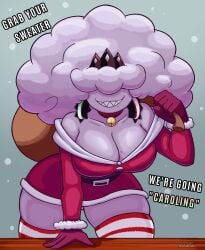 1girls bag bag_over_shoulder christmas cloud cloud_creature cloud_humanoid female holidays looking_at_viewer mevia_(sketchfins) original original_character pointy_teeth santa_costume sharp_teeth sketchfins smile solo