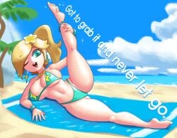 1girls barefoot beach big_breasts bikini blonde_hair blue_eyes breasts cute earrings eyebrows_visible_through_hair eyelashes eyeshadow female flower_in_hair holding_object leg_up light-skinned_female lipstick looking_at_viewer mario_(series) midriff minus8 nintendo outdoors ponytail posing princess_rosalina shiny_skin smile smiling_at_viewer solo solo_female super_mario_galaxy wide_hips