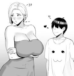 1boy 1girls 2d age_difference batu4141 breasts cleavage faceless_male female greyscale hair_covering_eye human human_only large_breasts male mature_female milf monochrome older_female short_hair younger_male