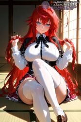 _long_hair ahoge ai_generated black_capelet black_corset black_ribbon blue_eyes blush breasts brown_footwear capelet closed_mouth collared_shirt corset crossed_bangs female foot_out_of_frame hair_between_eyes high_school_dxd holding holding_hair huge_ahoge indoors knee_up large_breasts loafers long_hair long_sleeves looking_at_viewer meitabuu miniskirt neck_ribbon on_floor pleated_skirt red_hair red_skirt rias_gremory ribbon school_uniform shirt shoes sitting skirt sliding_doors smile solo sunlight tatami thighhighs thighs underbust white_shirt white_thighhighs