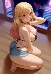 1girls 2d ai_generated ass big_ass big_breasts bikini_top breasts cutoffs denim_shorts erophoenix female female_focus full_body gyaru kitagawa_marin looking_at_viewer looking_back nude pale_skinned_female patreon_username smile solo solo_female sono_bisque_doll_wa_koi_wo_suru sweat swimsuit thick thick_thighs uncensored