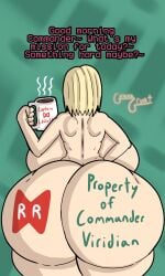 1girls 2d android_18 back_view big_ass big_breasts blonde_hair brainwashed brainwashing breasts cheating coffee coffee_mug cyborg dialogue dragon_ball english_text facing_away female female_focus female_only guavagrunt hand_on_hip holding_mug holding_object huge_ass huge_breasts hypnosis infidelity mind_control mug netorare ntr nude nude_female personality_change simple_background speech tattoo tattoo_on_butt text thick_thighs thighs writing writing_on_ass writing_on_body