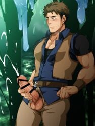1boy ambush_(trap) balls balls_out biceps big_penis blush brown_hair censor_bar censored censored_penis cum cum_drip cum_explosion cum_fountain cum_on_penis cum_splatter cum_string cum_trail dripping dripping_cum duo ejaculation embarrassed erection excessive_cum foreskin foreskin_folds forest frenulum frown fully_clothed gay hi_res holding_penis intense_orgasm looking_at_penis male male_only masturbation mature_male monster murakami_tarosu muscles muscular muscular_arms muscular_male one_eye_closed orgasm original original_character outdoors pecs penis penis_out pointless_censoring pubic_hair retracted_foreskin semen short_hair slime solo standing swamp sweat sweatdrop thick_penis thisarmor uncircumcised uncut unzipped unzipped_pants veiny_penis vest wristband