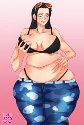 1girls areola_slip ass ass_expansion assthethick bbw belly belly_expansion belly_overhang big_ass big_belly big_breasts black_hair bloated bloated_belly bloated_stomach body_growth_(enlargement) bra breast_expansion breast_growth_(enlargement) breasts bubble_ass bubble_butt chubby chubby_female comic digital_media_(artwork) eating english_text eyewear_on_head fat fat_ass feeding female female_focus female_only gluttony holding_breast huge_ass huge_breasts huge_thighs large_ass large_breasts nico_robin obese one_piece overweight overweight_female post-timeskip stretch_marks stuffed_belly sunglasses_on_head sweat text thick_thighs