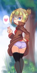 1girls blonde_eyebrows blonde_female blonde_hair blue_eyes brown_cloak brown_clothes brown_clothing bun_hair code_lyoko code_lyoko_chronicles drantyno eva_skinner female female_only grass heart heart_speech_bubble heart_symbol high_collar human human_only lavender_panties lifting_clothing lifting_own_clothes light_smile looking_at_viewer looking_behind outdoors panties panty_shot peace_sign red_clothes red_clothing smile smiling smug tall_socks tree white_sclera wink