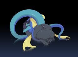 2025 anthro anus balls belly big_balls big_belly big_penis black_hair black_penis blue_body blue_skin brown_eyes cmitchell fin generation_8_pokemon genitals hair hi_res holding_penis huge_balls huge_cock hyper hyper_balls hyper_genitalia hyper_penis inteleon long_tail male nintendo penis pokemon pokemon_(species) rear_view solo tail vore