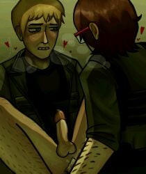 2boys beard_(hotline_miami) blonde_hair blue_eyes cum cum_inside gay gay_sex ginger_hair glasses heart hotline_miami jacket_(hotline_miami) male male_only military military_uniform panting sweat twitching
