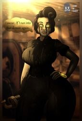 2025 2d 2d_(artwork) 2d_artwork artist_logo artist_name audrey_drew beanontoast bendy_and_the_dark_revival bendy_and_the_ink_machine big_breasts black_hair female female_only glowing_eyes gold_skin ink large_breasts thick_thighs