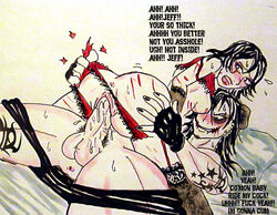 1boy anus ass balls big_ass big_breasts big_penis blush breasts creepypasta dirty_talk e.g. female garters jane_the_killer jeff_the_killer lingerie male nipples nude nudity penis pubic_hair pussy pussy_juice sex sideboob straight sweat tattoo torn_clothes traditional_art traditional_media_(artwork) vaginal_penetration vulgar vulva