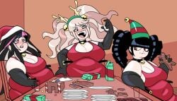 3girls alternate_body_size alternate_breast_size antler_headband asymmetrical_bangs bangs bbw bell bell_collar big_belly big_breasts black_elbow_gloves black_gloves black_hair black_hair_female blonde_female blonde_hair blonde_hair_female blue_highlights blunt_bangs blush blushing blushing_female breast_rest breasts breasts_on_belly celestia_ludenberg choppy_bangs christmas christmas_outfit cleavage closed_mouth clothed clothed_female collar cookie crumbs crumbs_on_face danganronpa danganronpa_2:_goodbye_despair diagonal_bangs dress drill_hair ear_piercing eating eating_cookie eating_food elbow_gloves elf_hat fat fat_belly fat_female feet_out_of_frame female female_only food food_on_face gingerbread_cookie gingerbread_man gloves goth goth_girl gothic_lolita hand_on_leg hand_on_own_leg hand_on_own_thigh hand_on_thigh holding holding_cookie holding_cup holding_food holding_glass holding_milk huge_belly indoors junko_enoshima light-skinned_female light_skin milk mioda_ibuki multicolored_hair navel navel_visible_through_clothes obese obese_female open_mouth overweight overweight_female pierced_ears pink_eyes pink_eyes_female pink_highlights red_dress red_eyes red_eyes_female reindeer_antlers santa_costume santa_hat sidelocks sitting sitting_in_chair spike_piercing stuffed stuffed_belly superspoe swept_bangs tight_clothing twin_drills twintails undone_belt white_highlights
