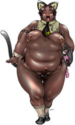 1boy animal_ears cat_ears cat_tail dark_skin fat nipples obese penis simple_background solo tanuma_yuuichirou