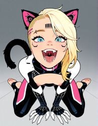 ai_generated all_fours barcode barcode_on_head barcode_tattoo blue_eyes body_modification bodysuit boob_window brainwashed breasts buttplug_tail cat_ears cat_girl catgirl chest_window claws collar cyberpunk cyberware fangs female gwen_stacy happy implied_butt_plug kneeling looking_at_viewer looking_up marvel mawshot mind_broken nipples open_mouth pet pet_collar petite_breasts petplay pov small_breasts spider-gwen spider-man:_across_the_spider-verse spider-man:_into_the_spider-verse spider-man_(series) stirrup_legwear stirrup_socks tail tongue tongue_out uvula