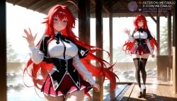 _long_hair ahoge ai_generated black_capelet black_corset black_thighhighs blue_eyes blush breasts brown_footwear capelet closed_mouth collared_shirt corset crossed_bangs female full_body hair_between_eyes hair_intakes hand_up high_school_dxd huge_ahoge large_breasts loafers long_hair long_sleeves looking_at_viewer meitabuu miniskirt multiple_views outdoors pleated_skirt red_hair red_skirt reflection rias_gremory ribbon school_uniform shirt shoes skirt smile socks standing thigh_gap thighhighs thighs underbust waving white_shirt