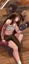 1girls abs bandage_bra barbell bench_press bicep_curl bracelet brown_hair dumbbell female female_only genshin_impact hat hu_tao_(genshin_impact) jacket_around_waist lifting_weights light-skinned_female light_skin mirror muscles muscular muscular_arms muscular_female muscular_thighs pecs red_eyes scar_on_arm scar_on_face smirk solo sweat twintails veiny_muscles yukiart_83