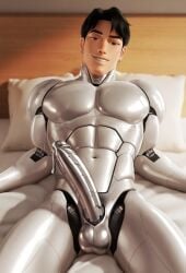 asian_male cum cum_on_penis cute_male freaky futuristic in_bed jinu_(kpop_demon_hunters) korean_male kpop_demon_hunters mecha metal_penis netflix robot robot_boy robot_penis robotic robotization smile smiling_at_viewer smirk smirking smirking_at_viewer