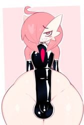 alternate_color armwear balls balls_outline bulge clothing detailed_bulge femboy frowntown gardevoir generation_3_pokemon genital_outline genitals hair hi_res humanoid latex latex_clothing nintendo not_furry penis_outline pink_(frowntown) pink_hair pokemon pokemon_(species) simple_background solo thick_thighs wide_hips