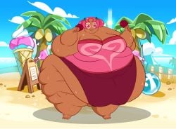 1girls barefoot beach beach_background beach_ball cleavage cookie_run cookie_run_kingdom dark-skinned_female dark_skin double_bun double_chin eating eating_food eating_ice_cream fat fat_arms fat_belly fat_face fat_legs fat_thighs female food holding holding_food holding_ice_cream holding_ice_cream_cone holding_object hollyberry_cookie ice_cream ice_cream_cone morbidly_obese morbidly_obese_female navel navel_visible_through_clothes no_pupils obese obese_female open_mouth overweight overweight_female palm_tree pink_eyes pink_eyes_female pink_hair pink_hair_female roxas617 sign skindentation ssbbw standing sweat sweating sweaty_body tagme tied_hair tree