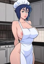 1girls ai_generated almost_naked apron apron_only areola areolae arms_behind_back bangs bare_arms bare_shoulders barely_clothed big_breasts blue_hair breast_exposed breast_out breast_outside breasts busty busty_female chef chef_apron chef_hat chef_uniform cleavage exposed_shoulders female female_focus female_only hands_behind_back kitchen kitchen_background large_boobs large_breasts large_hips large_lips laurie_lowell looking_at_viewer mostly_nude naked_apron nip_slip nipples no_bra no_panties pantheon_(series) short_hair solo solo_female solo_focus standing