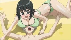 1boy 1girls accident accidental_circumstance apologizing ashamed asphyxiation bare_legs bare_shoulders barefoot beach bikini bikini_bottom bikini_top black_eyes black_hair breast_press breast_smother breasts_on_face busty clumsy embarrassed erect_nipples eyewear feet glasses green_bikini high_resolution kasugano_haruka lying_on_back lying_on_person lying_on_side lying_on_stomach megane midriff nipples nipples_visible_through_bikini o-ring o-ring_bikini outdoors puffy_nipples sand screaming screencap seaside sexually_suggestive shirtless shirtless_male shocked short_hair shy suggestive thighs unintentional uninterested white_hair yorihime_nao yosuga_no_sora
