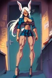 1girls abs ai_generated bare_arms bare_legs bare_shoulders bare_thighs big_breasts blush bunny_ears bunny_girl clothed clothing color dark_skin dark_skinned_female female female_focus female_only fishnets fit_female gigiti glasses hi_res large_breasts long_hair looking_at_viewer miruko muscles muscular muscular_arms muscular_female muscular_legs muscular_thighs my_hero_academia red_eyes rumi_usagiyama solo solo_female teacher teacher_outfit thick_thighs white_hair