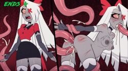 ai ai_assisted ai_generated angry cum cum_inside defeated ends34 female female_focus fit grey_body hazbin_hotel long_hair oral oral_sex pregnant rape restrained silver_hair stockings tentacle tentacle_rape tentacle_sex vaggie_(hazbin_hotel)