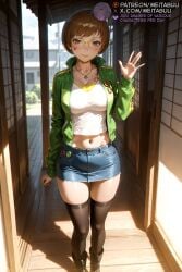 ai_generated architecture atlus badge black_thighhighs blush boots breasts brown_eyes brown_hair button_badge cleavage closed_mouth collarbone crop_top cropped_shirt day denim denim_skirt doorway east_asian_architecture female full_body glasses green_jacket hand_up jacket jewelry large_breasts long_sleeves looking_at_viewer meitabuu midriff miniskirt navel necklace open_clothes open_jacket outdoors pencil_skirt persona persona_4 satonaka_chie shirt short_hair shouji skindentation skirt sliding_doors smile solo standing thighhighs thighs track_jacket waving white_shirt yellow-framed_eyewear zettai_ryouiki