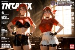 2girls aged_up ai_generated alternate_breast_size bandana bike_shorts bike_shorts_under_skirt black_bra black_choker black_gloves black_panties black_shorts blue_eyes bra breasts brown_hair choker clenched_teeth clothes_lift collarbone content_rating cover cover_page cowboy_shot doujin_cover dual_persona english_text fake_magazine_cover fingerless_gloves gloves grin hand_on_own_hip hands_on_own_hips indoors kasumi_(pokemon) lace_bra large_breasts long_hair looking_at_viewer magazine_cover may_(pokemon) medium_hair meitabuu miniskirt multiple_girls navel navel_piercing panties piercing pleated_skirt pokã©mon_(species) pokemon pokemon_(species) pokemon_rgby red_bandana red_shirt see-through shirt short_sleeves shorts shorts_under_skirt skirt smile standing teeth thighs underwear white_skirt window