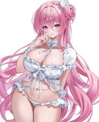 bikini breasts cleavage cowboy_shot dorothy_(nikke) dorothy_(serendipity)_(nikke) female frilled_bikini goddess_of_victory:_nikke hand_on_chin huge_breasts mrr_05 parted_lips smile thick_thighs wide_hips