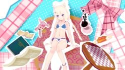 1girls 3d bikini bikini_bottom bikini_top blue_eyes blush breasts cinematic cute female image light_skin light_skinned_female looking_away nekopara sitting small_breasts smile underwear underwear_only vanilla_(sayori) white_hair