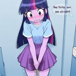 background bathroom blue_shirt blush covering_crotch daisyglimmer embarrassed equestria_girls eyebrows_visible_through_hair hands_between_legs hands_on_crotch hands_on_pussy light_blue_shirt long_hair multicolored_hair my_little_pony pee_on_clothes pee_stain peeing peeing_self pink_hair pinkie_pie_(eg) pinkie_pie_(mlp) piss_soaked piss_soaked_clothes purple_hair purple_skin purple_skirt shivering short_skirt small_breasts text text_bubble twilight_sparkle_(eg) twilight_sparkle_(mlp) urinating_female urine violet_eyes wide_eyed