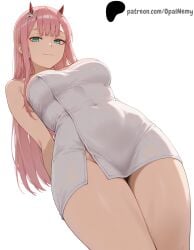 1girls ai_generated arms_behind_back bangs bare_legs bare_shoulders breasts covered_navel darling_in_the_franxx eyebrows_visible_through_hair eyeliner female from_below green_eyes hi_res high_quality high_resolution highres horns light light_smile lips long_hair looking_at_viewer medium_breasts nose opal_nemy patreon patreon_logo patreon_url patreon_username pink_hair plain_background red_eyeliner red_horns self_upload shadow shiny shiny_hair shiny_skin simple_background smile solo standing thick_thighs thighs towel watermark white_background white_towel zero_two_(darling_in_the_franxx)