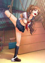 arms_behind_back ball_gag bangs black_legwear black_socks blush bondage bound bound_arms bound_leg bound_wrists breasts brown_footwear brown_hair brown_loafers crotch_rope female gag gagged highres indoors knee_socks kneehighs kneesocks leg_up loafers long_hair medium_breasts misakamitoko0903 neckerchief nipples original panties panties_around_leg pleated_skirt ponytail purple_eyes restrained rope school_uniform serafuku shibari_over_clothes shoes short_sleeves skirt socks solo standing standing_on_one_leg tears tied_up underwear very_long_hair wavy_hair white_panties