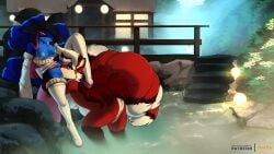 anthro belly big_breasts black_body black_fur black_hair blue_body blue_eyes blue_fur bodily_fluids boots breasts canid canine clothing clothing_aside duo female female/female feretta footwear fox fox_spirit fur genital_fluids hair hand_on_head hi_res hot_spring leg_around_head legwear mammal multi_tail nipple_chain nipple_piercing nipples panties panties_aside piercing pink_hair pussy red_body red_fur red_hair saliva scenery shoes sleeves tail thigh_highs tongue tongue_out underwear underwear_aside vaginal_fluids water white_body white_fur white_hair yellow_eyes
