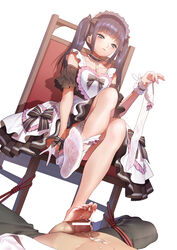 1boy 1girls bar_censor barefoot black_hair censor_bar censored censored_penis chair clothed_female cum cum_between_toes cum_on_soles disgusted_look earrings feet female femdom footjob footjob_with_legwear gloves green_eyes highres jewelry legs_crossed long_hair lying maid maid_headdress nail_polish on_back original penis pink_nails pointless_censoring restrained simple_background sitting smoke_(flyx21) sockjob soles spread_legs straight thighhighs_removed toejob toes twintails white_background white_gloves white_legwear