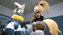 3d_(artwork) adam_(juicyducksfm) anthro black_lipstick blue_body blue_fur bottomwear breasts brown_body brown_skin canid canine canis clothed clothing cunnilingus digital_media_(artwork) duo fan_character female fur grey_body grey_fur gym hi_res holding_another idw_publishing inside juicyducksfm kneeling lemur lipstick looking_at_another looking_forward makeup male male/female mammal muscular muscular_male oral pants primate public public_sex rubbing_pussy sega sex shirt sonic_(series) sonic_the_hedgehog_(comics) sonic_the_hedgehog_(idw) sonic_the_hedgehog_(series) source_filmmaker_(artwork) sport sportswear strepsirrhine tan_body tan_fur tangle_the_lemur topwear torn_bottomwear torn_clothing torn_pants training vaginal_penetration whisper_the_wolf white_body white_fur wolf