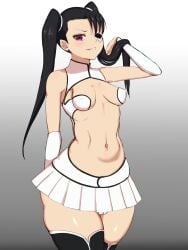 barukan black_hair black_thighhighs bleach blush breasts breasts_apart cameltoe eyepatch female gradient_background highres loly_aivirrne long_hair looking_at_viewer medium_breasts micro_skirt navel panties purple_eyes simple_background smile solo thighhighs twintails underwear white_panties