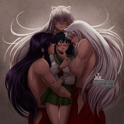 animal_ears aquarina blush canon_couple husband_and_wife inuyasha inuyasha_(character) kagome_higurashi multiple_versions school_uniform