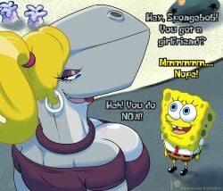 1boy 1girls aged_up anthro big_breasts blonde_hair boob_tattoo breasts cetacean cleavage clothing clueless clueless_male dialogue duo earring female goofy_smile huge_breasts jpg large_breasts larger_female looking_at_another male mammal marine nickelodeon open_mouth pearl_krabs ponytail sea_sponge size_difference smaller_male smug_face smug_grin sperm_whale sponge spongebob_squarepants spongebob_squarepants_(character) tagme teenagebratwurst top_heavy twitter_link whale yellow_hair yellow_skin