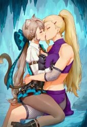 -_-abc 2girls ai_generated blonde_hair cave cavern clothed cute genshin_impact grabbing grabbing_breasts grabbing_waist ice ice_cave ino_yamanaka kissing lynette_(genshin_impact) naruto sitting sitting_on_lap sitting_on_person tights yuri