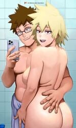 1boy 1girls ass bathroom big_ass big_breasts blonde_hair boku_no_hero_academia canon_couple clothed_male_nude_female female hand_on_butt hand_on_hip holding_partner looking_back male married_couple milf mitsuki_bakugou my_hero_academia naked nude_female red_eyes selfie short_hair sideboob wazu-san wholesome