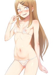 arm_at_side blush breasts brown_eyes brown_hair cameltoe dagashi_kashi ear_piercing earrings endou_saya_(dagashi_kashi) female hair_ornament hairclip jewelry long_hair looking_at_viewer navel nipple_slip nipples panties piercing poruserin see-through skinny small_breasts solo standing stud_earrings underwear white_panties